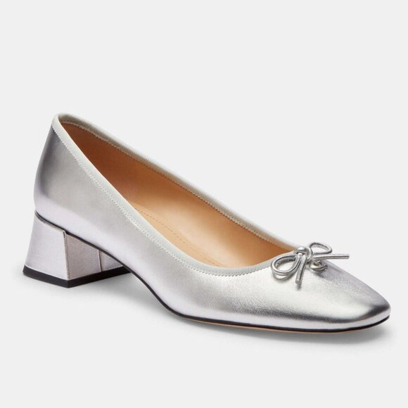 Coach Ava Ballet Pump Women Size 10 Silver Metallic Leather Walkable Block Heel - Picture 1 of 5